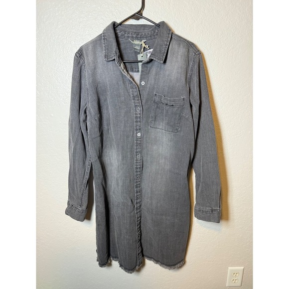 Natural Reflections Dresses & Skirts - Natural Reflections Gray Denim Shirt Dress Long Sleeve Frayed Hem